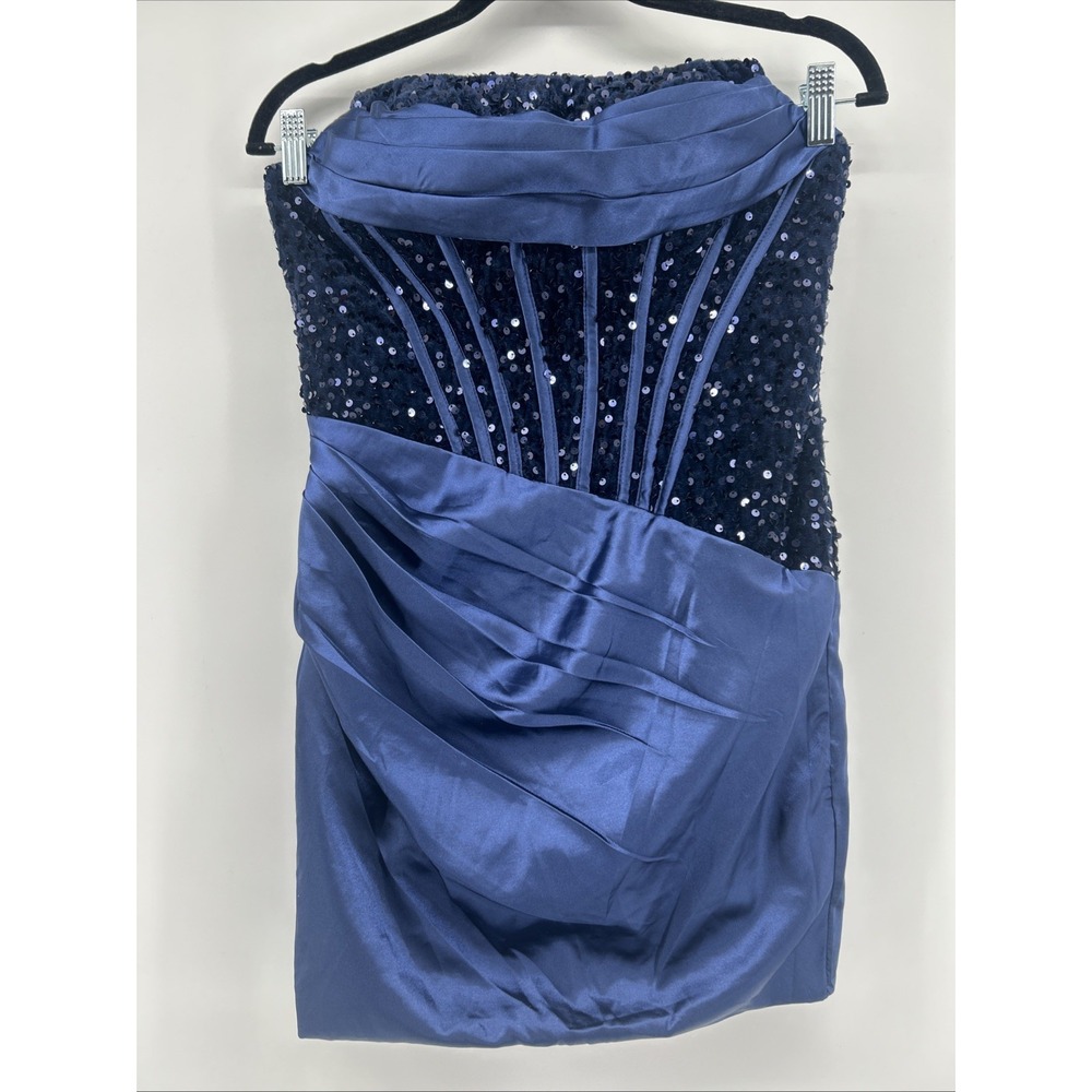 Navy Sequin Corset Homecoming Dress Strapless Satin Ruched Mini Cocktail Size 4